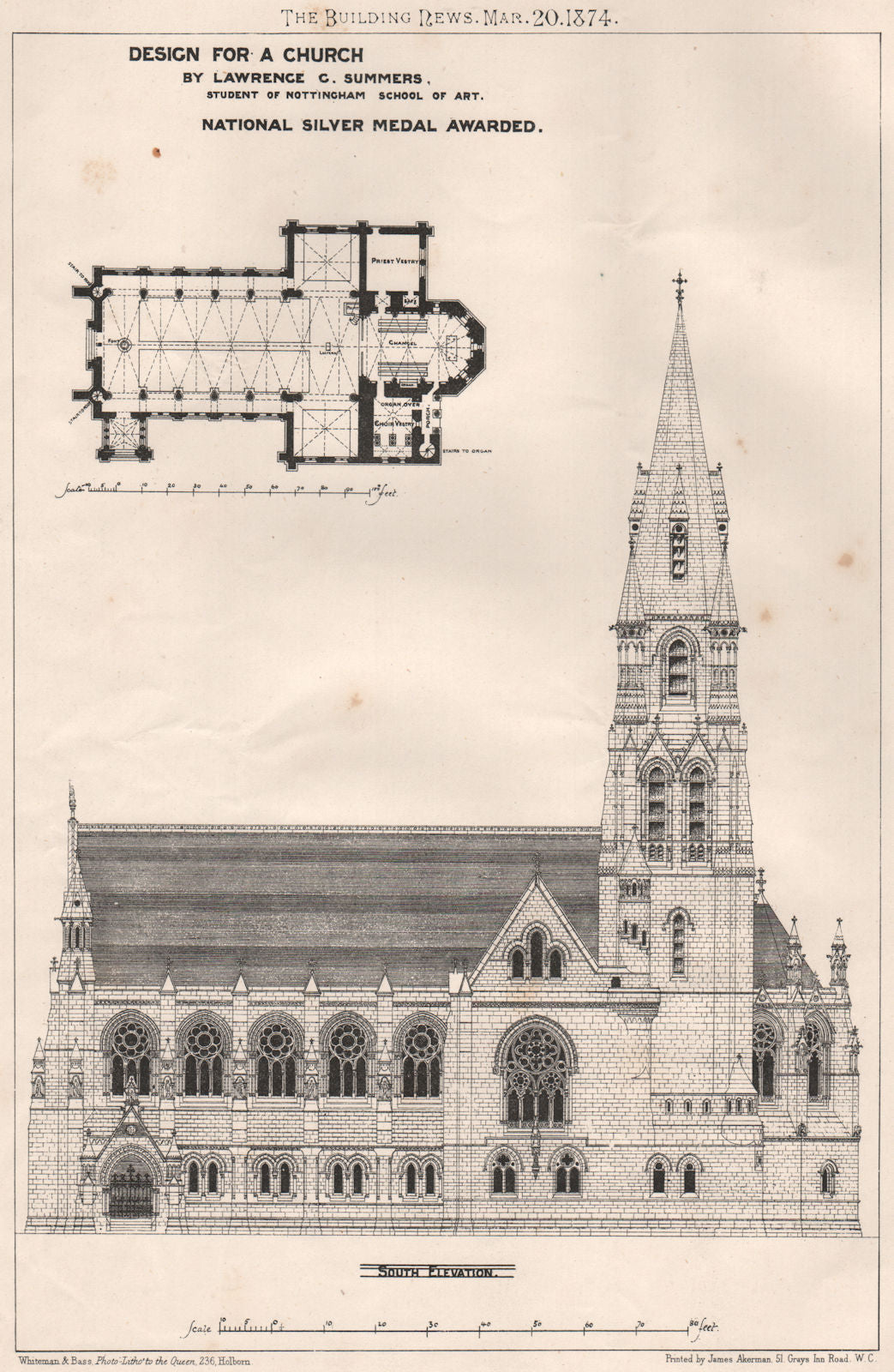 Church design by Lawrence C. Summers, Nottingham School of Art 1874 old print